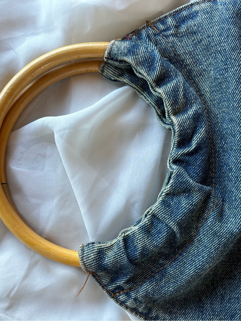 Vintage Y2K Denim Blues Upcycled Repurposed Skirt Small Hand Purse Bamboo Handle - Picture 5 of 6
